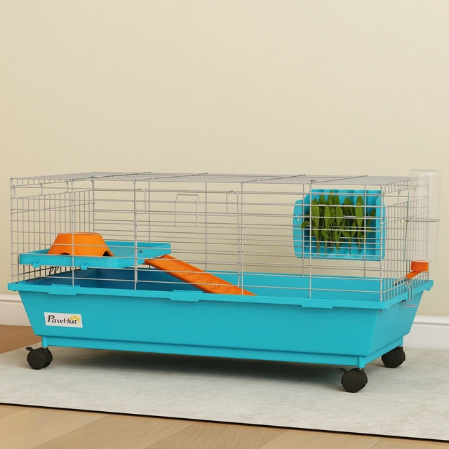 Alt view image 2 of 7 - Paw Hut 35 Inch l Small Animal Cage, Rolling Bunny Cage Guinea Pig with Food Dish Water Bottle Hay Feeder Platform Ramp