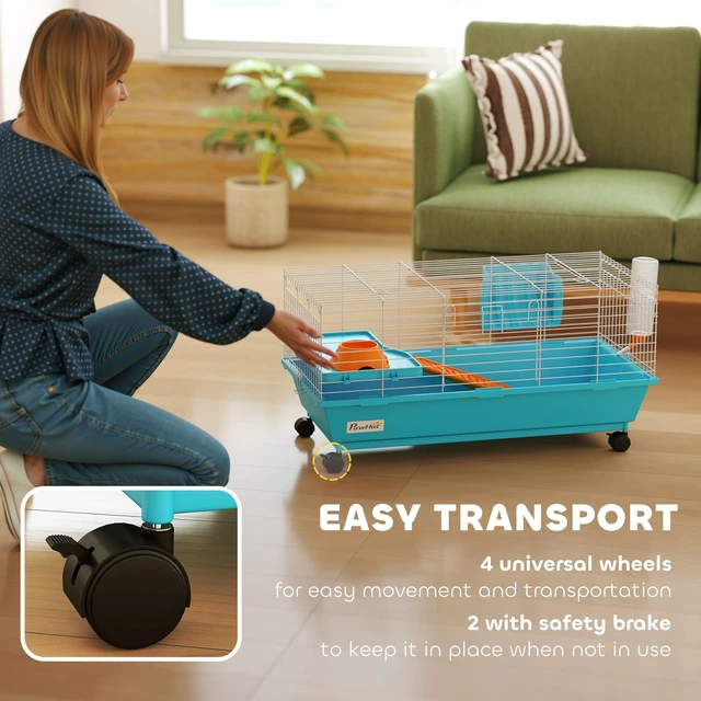Alt view image 5 of 7 - Paw Hut 35 Inch l Small Animal Cage, Rolling Bunny Cage Guinea Pig with Food Dish Water Bottle Hay Feeder Platform Ramp