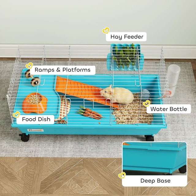 Alt view image 4 of 7 - Paw Hut 35 Inch l Small Animal Cage, Rolling Bunny Cage Guinea Pig with Food Dish Water Bottle Hay Feeder Platform Ramp