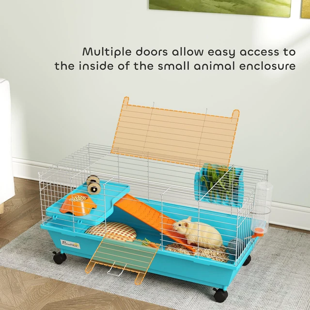 Alt view image 3 of 7 - Paw Hut 35 Inch l Small Animal Cage, Rolling Bunny Cage Guinea Pig with Food Dish Water Bottle Hay Feeder Platform Ramp