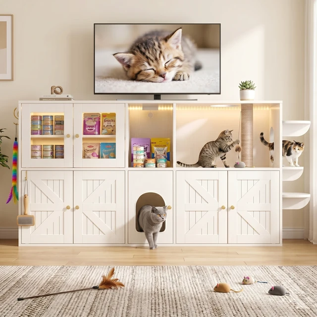 Alt view image 2 of 7 - 73.23 Inch Cat Litter Box Enclosure Furniture, Hidden Cat Washroom with Built in Scratching Post and LED Lights