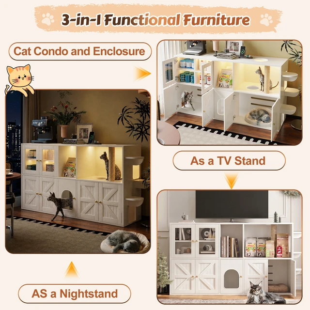 Alt view image 6 of 7 - 73.23 Inch Cat Litter Box Enclosure Furniture, Hidden Cat Washroom with Built in Scratching Post and LED Lights