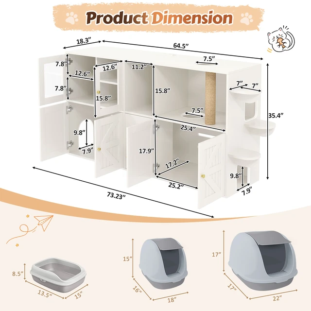 Alt view image 7 of 7 - 73.23 Inch Cat Litter Box Enclosure Furniture, Hidden Cat Washroom with Built in Scratching Post and LED Lights