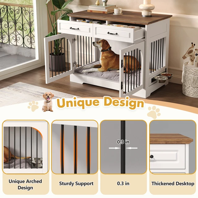 Alt view image 5 of 7 - 43.3 Inch Dog Crate Furniture, Wooden Dog Kennel with Storage Drawers and Rotating Food Bowls Secure Metal Bar Crate