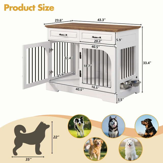 Alt view image 7 of 7 - 43.3 Inch Dog Crate Furniture, Wooden Dog Kennel with Storage Drawers and Rotating Food Bowls Secure Metal Bar Crate