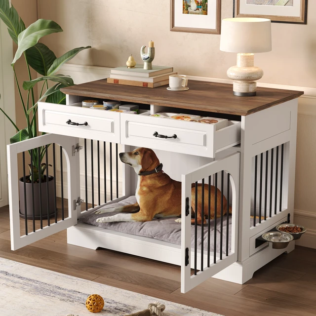 Alt view image 2 of 7 - 43.3 Inch Dog Crate Furniture, Wooden Dog Kennel with Storage Drawers and Rotating Food Bowls Secure Metal Bar Crate
