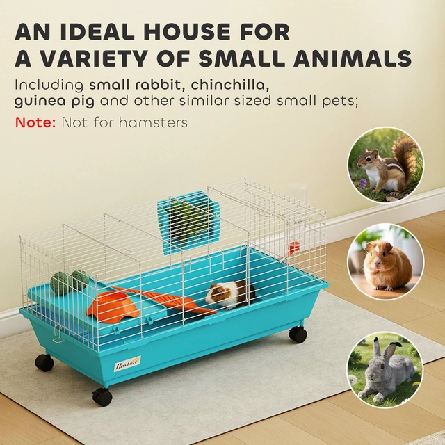 Alt view image 6 of 7 - Paw Hut 35 Inch l Small Animal Cage, Rolling Bunny Cage Guinea Pig with Food Dish Water Bottle Hay Feeder Platform Ramp