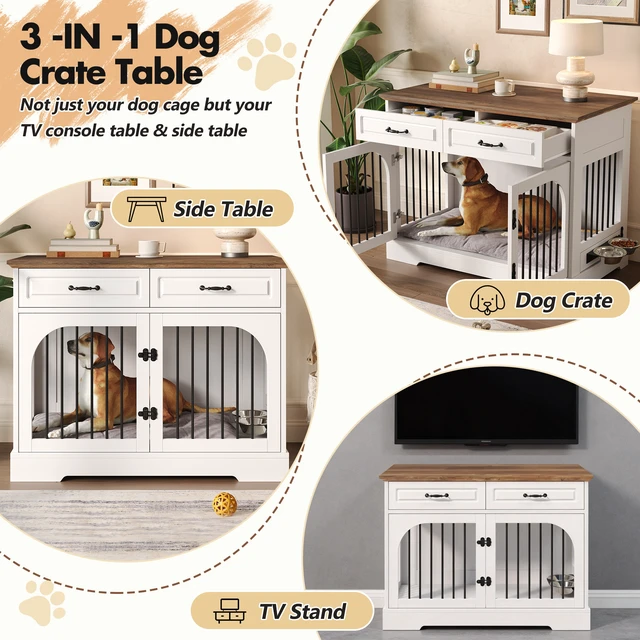 Alt view image 6 of 7 - 43.3 Inch Dog Crate Furniture, Wooden Dog Kennel with Storage Drawers and Rotating Food Bowls Secure Metal Bar Crate