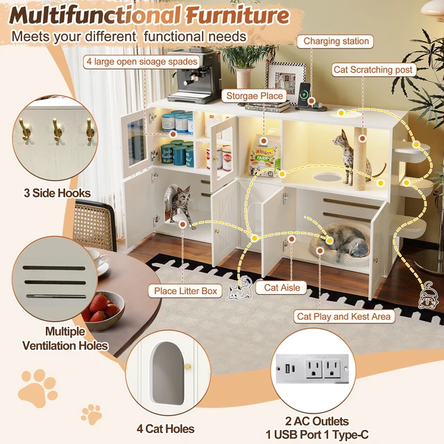 Alt view image 5 of 7 - 73.23 Inch Cat Litter Box Enclosure Furniture, Hidden Cat Washroom with Built in Scratching Post and LED Lights