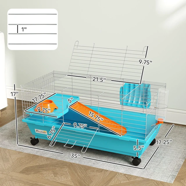 Alt view image 7 of 7 - Paw Hut 35 Inch l Small Animal Cage, Rolling Bunny Cage Guinea Pig with Food Dish Water Bottle Hay Feeder Platform Ramp