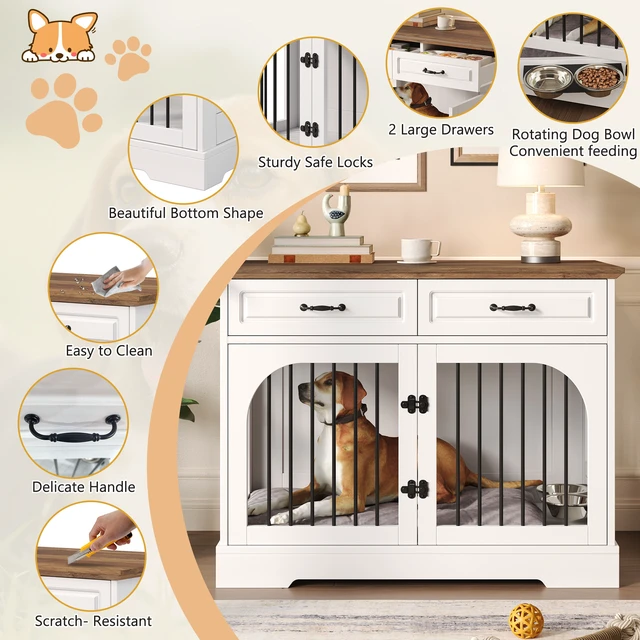 Alt view image 4 of 7 - 43.3 Inch Dog Crate Furniture, Wooden Dog Kennel with Storage Drawers and Rotating Food Bowls Secure Metal Bar Crate
