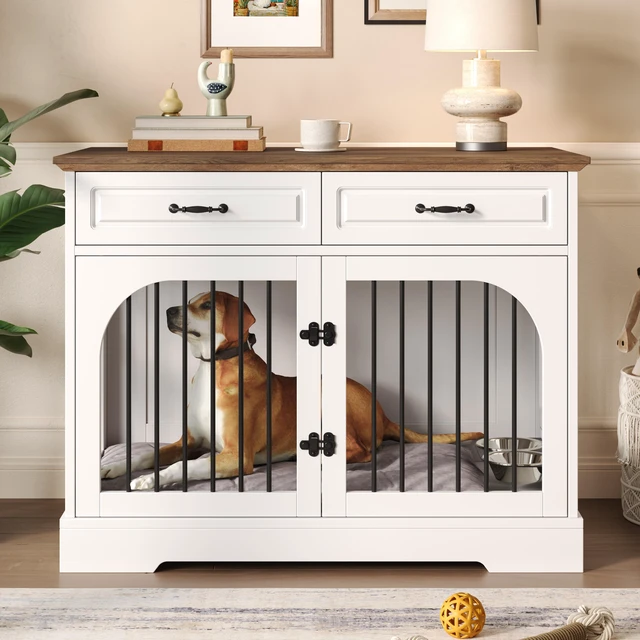 Main image of 43.3 Inch Dog Crate Furniture, Wooden Dog Kennel with Storage Drawers and Rotating Food Bowls Secure Metal Bar Crate