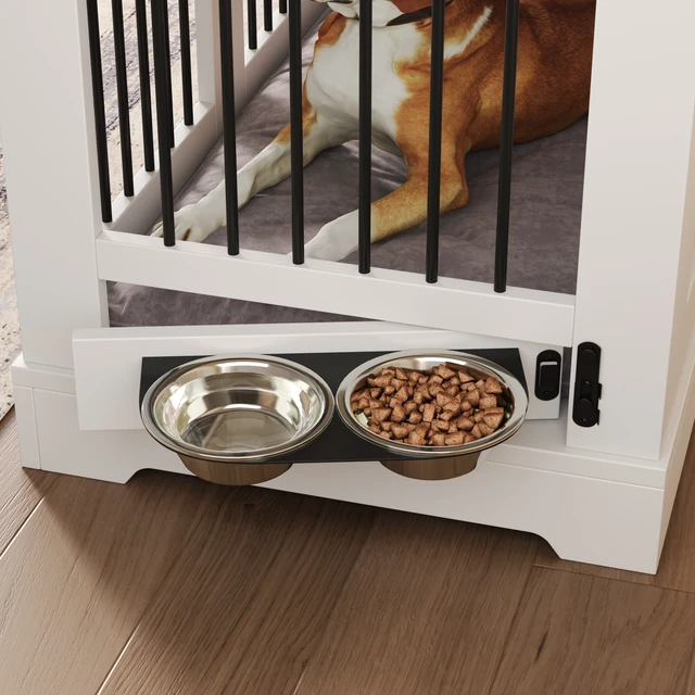 Alt view image 3 of 7 - 43.3 Inch Dog Crate Furniture, Wooden Dog Kennel with Storage Drawers and Rotating Food Bowls Secure Metal Bar Crate