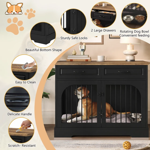 Alt view image 3 of 7 - 43.3 Inch Dog Crate Furniture, Wooden Dog Kennel with Storage Drawers and Rotating Food Bowls Secure Metal Bar Crate