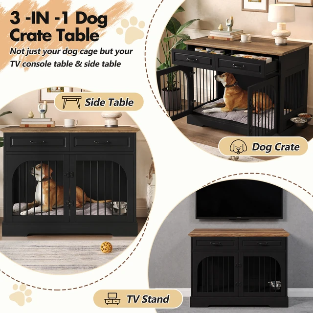 Alt view image 4 of 7 - 43.3 Inch Dog Crate Furniture, Wooden Dog Kennel with Storage Drawers and Rotating Food Bowls Secure Metal Bar Crate