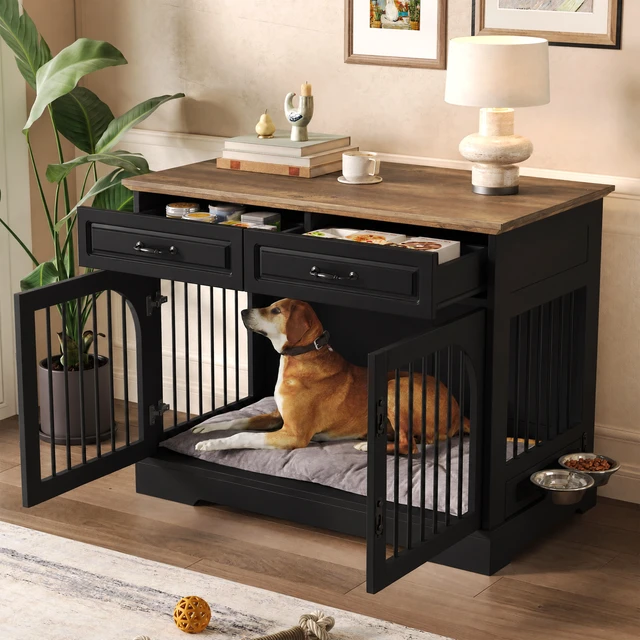 Alt view image 2 of 7 - 43.3 Inch Dog Crate Furniture, Wooden Dog Kennel with Storage Drawers and Rotating Food Bowls Secure Metal Bar Crate