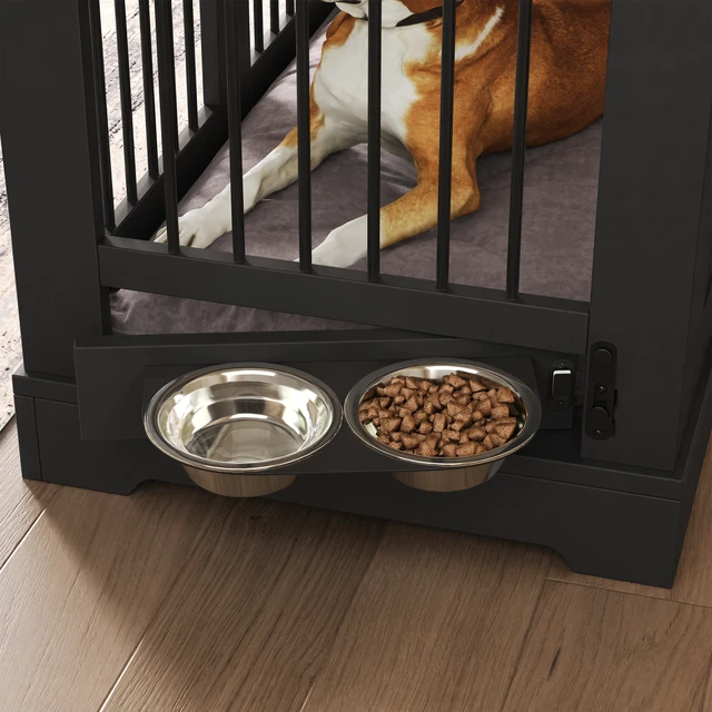 Alt view image 6 of 7 - 43.3 Inch Dog Crate Furniture, Wooden Dog Kennel with Storage Drawers and Rotating Food Bowls Secure Metal Bar Crate