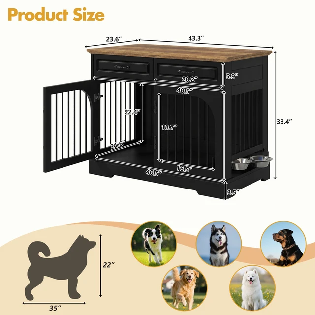 Alt view image 7 of 7 - 43.3 Inch Dog Crate Furniture, Wooden Dog Kennel with Storage Drawers and Rotating Food Bowls Secure Metal Bar Crate