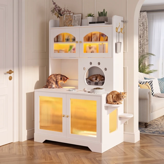 Alt view image 2 of 7 - 3 Tier Cat Litter Box Enclosure with Storage Cabinet, Hidden Cat Washroom Furniture with Fluted Glass Doors