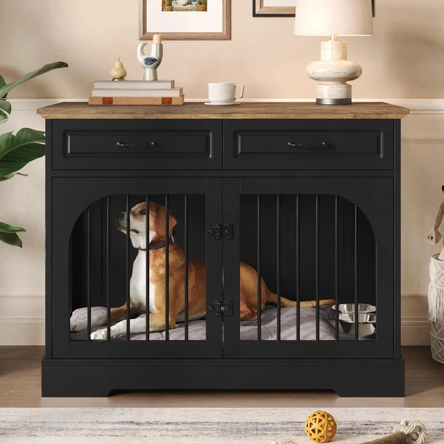 Main image of 43.3 Inch Dog Crate Furniture, Wooden Dog Kennel with Storage Drawers and Rotating Food Bowls Secure Metal Bar Crate