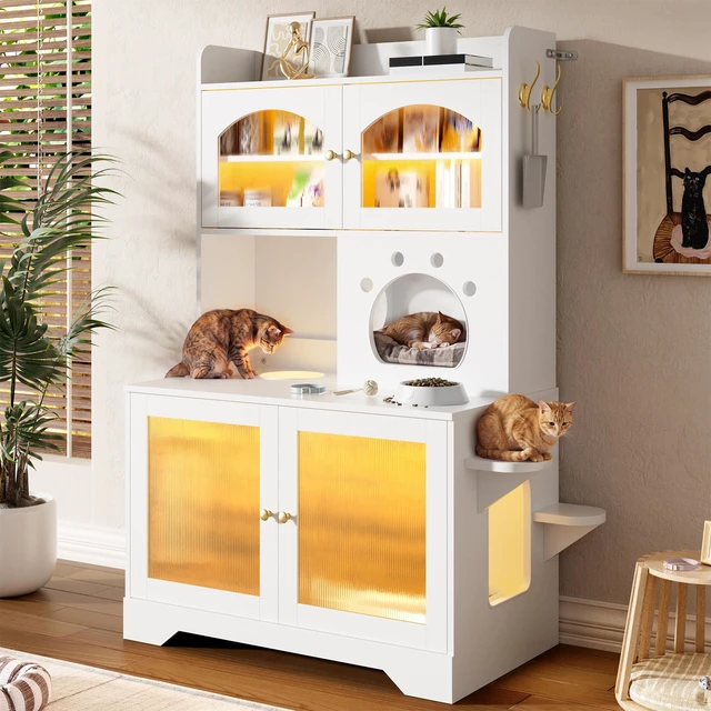 Main image of 3 Tier Cat Litter Box Enclosure with Storage Cabinet, Hidden Cat Washroom Furniture with Fluted Glass Doors