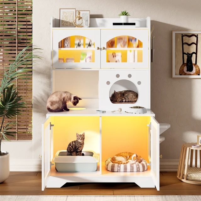 Alt view image 3 of 7 - 3 Tier Cat Litter Box Enclosure with Storage Cabinet, Hidden Cat Washroom Furniture with Fluted Glass Doors
