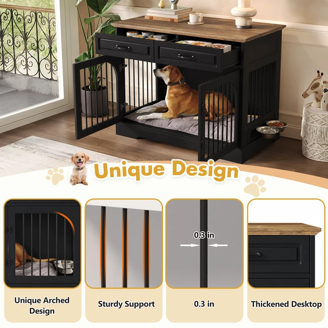 Alt view image 5 of 7 - 43.3 Inch Dog Crate Furniture, Wooden Dog Kennel with Storage Drawers and Rotating Food Bowls Secure Metal Bar Crate