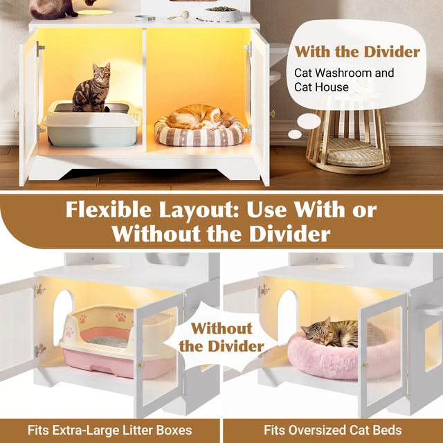 Alt view image 5 of 7 - 3 Tier Cat Litter Box Enclosure with Storage Cabinet, Hidden Cat Washroom Furniture with Fluted Glass Doors