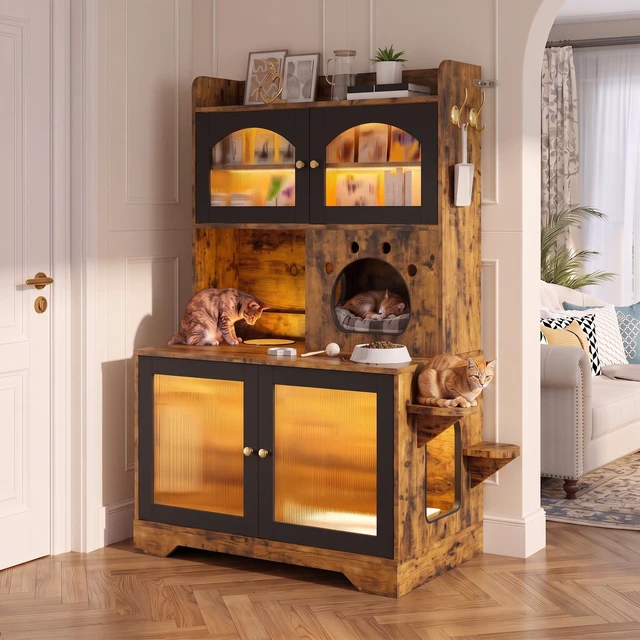 Alt view image 2 of 7 - 3 Tier Cat Litter Box Enclosure with Storage Cabinet, Hidden Cat Washroom Furniture with Fluted Glass Doors