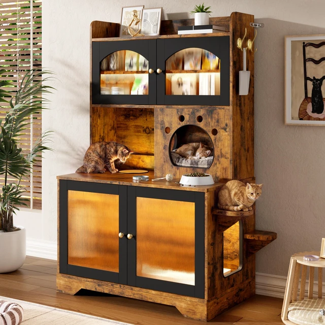 Main image of 3 Tier Cat Litter Box Enclosure with Storage Cabinet, Hidden Cat Washroom Furniture with Fluted Glass Doors