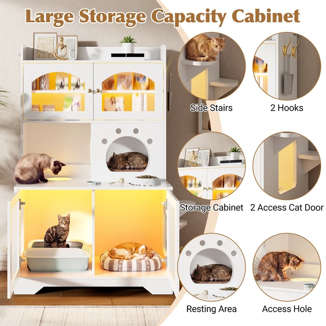 Alt view image 4 of 7 - 3 Tier Cat Litter Box Enclosure with Storage Cabinet, Hidden Cat Washroom Furniture with Fluted Glass Doors