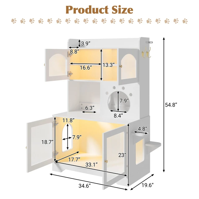 Alt view image 7 of 7 - 3 Tier Cat Litter Box Enclosure with Storage Cabinet, Hidden Cat Washroom Furniture with Fluted Glass Doors