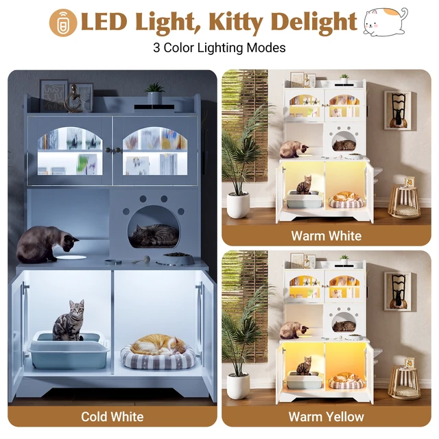 Alt view image 6 of 7 - 3 Tier Cat Litter Box Enclosure with Storage Cabinet, Hidden Cat Washroom Furniture with Fluted Glass Doors
