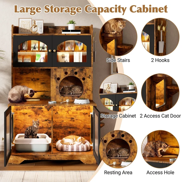 Alt view image 4 of 7 - 3 Tier Cat Litter Box Enclosure with Storage Cabinet, Hidden Cat Washroom Furniture with Fluted Glass Doors