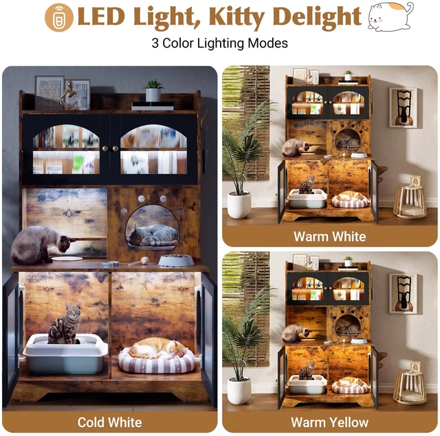 Alt view image 6 of 7 - 3 Tier Cat Litter Box Enclosure with Storage Cabinet, Hidden Cat Washroom Furniture with Fluted Glass Doors