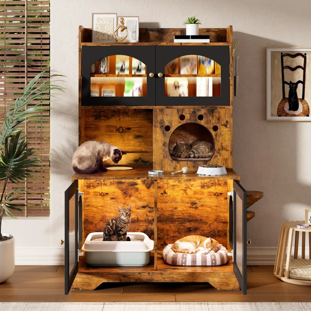 Alt view image 3 of 7 - 3 Tier Cat Litter Box Enclosure with Storage Cabinet, Hidden Cat Washroom Furniture with Fluted Glass Doors