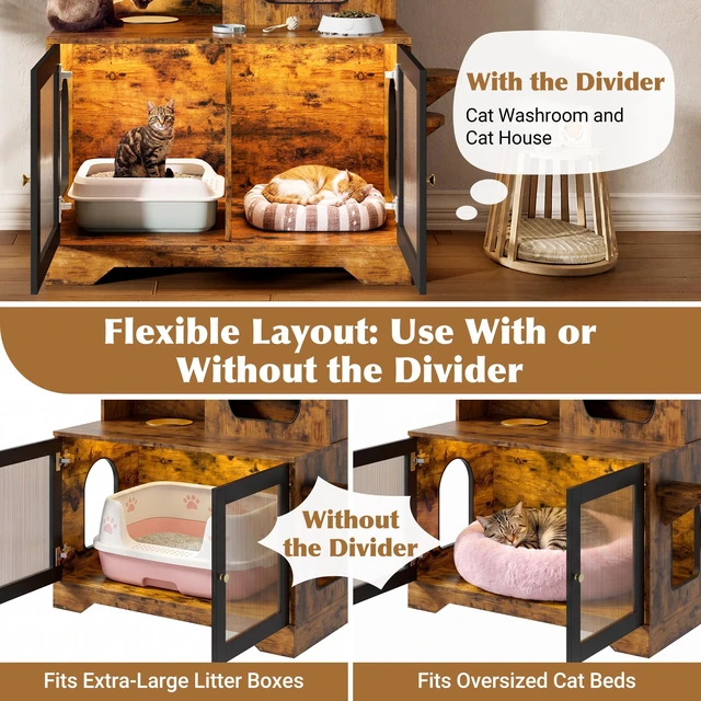 Alt view image 5 of 7 - 3 Tier Cat Litter Box Enclosure with Storage Cabinet, Hidden Cat Washroom Furniture with Fluted Glass Doors