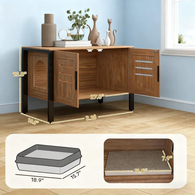 Alt view image 3 of 7 - 31.5 Inch l 17.7 Inch 19.7 Cat Litter Box Enclosure with Tall Legs, Black Brown, MDF and Metal, Pet Beds Furniture