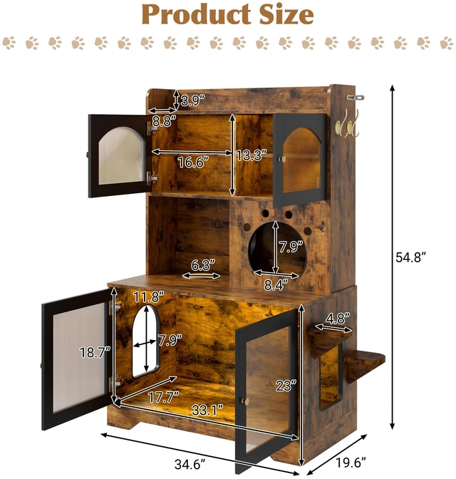 Alt view image 7 of 7 - 3 Tier Cat Litter Box Enclosure with Storage Cabinet, Hidden Cat Washroom Furniture with Fluted Glass Doors