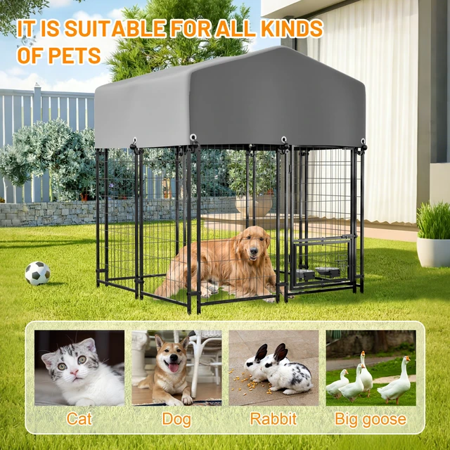 Alt view image 4 of 7 - Outdoor Dog Kennel 4.23 3.83 with Roof, Heavy Duty Welded Wire Crate All Weather Protection and Safe Lock Design