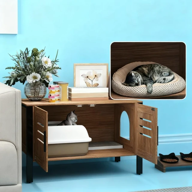 Alt view image 4 of 7 - 31.5 Inch l 17.7 Inch 19.7 Cat Litter Box Enclosure with Tall Legs, Black Brown, MDF and Metal, Pet Beds Furniture