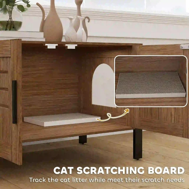 Alt view image 5 of 7 - 31.5 Inch l 17.7 Inch 19.7 Cat Litter Box Enclosure with Tall Legs, Black Brown, MDF and Metal, Pet Beds Furniture