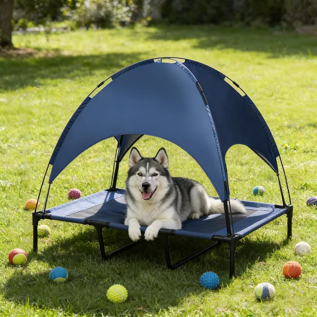 Main image of Pet Bed, Elevated Portable Dog Cot, Black Dark Blue, Mesh, Metal and Oxford Fabric, Pet Beds Furniture