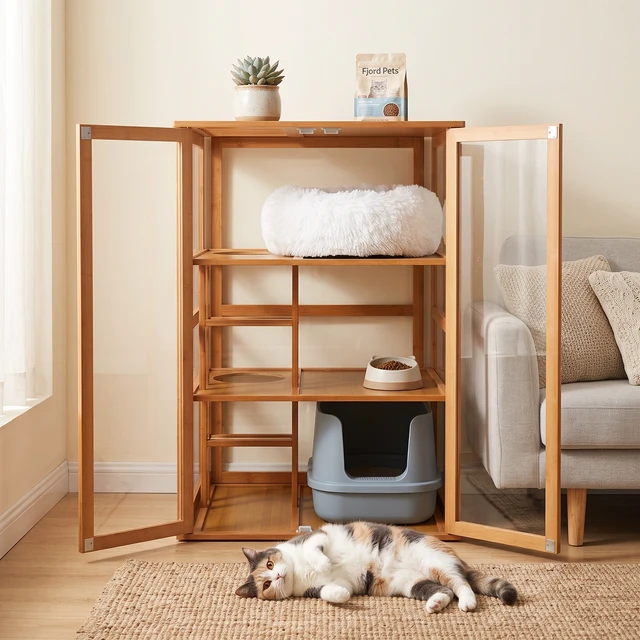 Alt view image 2 of 4 - Bamboo Cat Cage, Cat Enclosure Cages Indoor Catio Indoor Enclosure Level with Clear Panels Vent Top and Litter Box