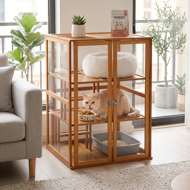 Alt view image 4 of 4 - Bamboo Cat Cage, Cat Enclosure Cages Indoor Catio Indoor Enclosure Level with Clear Panels Vent Top and Litter Box