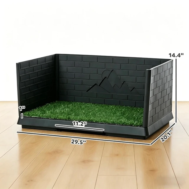 Alt view image 2 of 7 - Pee Pad, Pet Toilet Dog Grass Pad with Semi Enclosed Walls for Small Medium Dog, Black Green, Polyethylene