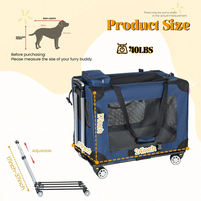 Alt view image 7 of 7 - 2, 24 Inch Collapsible Travel Dog Crate for Medium Large Dogs Rolling Pet Carrier with Wheels 3 Door Portable Folding