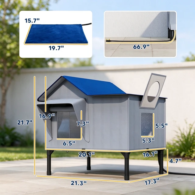 Alt view image 6 of 7 - Weatherproof Heated Outdoor Cat with Heating Pad, Elevated Base and Safety Escape Door for Stray and Barn Cats, Light