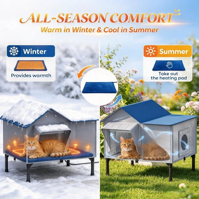 Alt view image 5 of 7 - Weatherproof Heated Outdoor Cat with Heating Pad, Elevated Base and Safety Escape Door for Stray and Barn Cats, Light