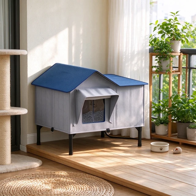 Alt view image 3 of 7 - Weatherproof Heated Outdoor Cat with Heating Pad, Elevated Base and Safety Escape Door for Stray and Barn Cats, Light
